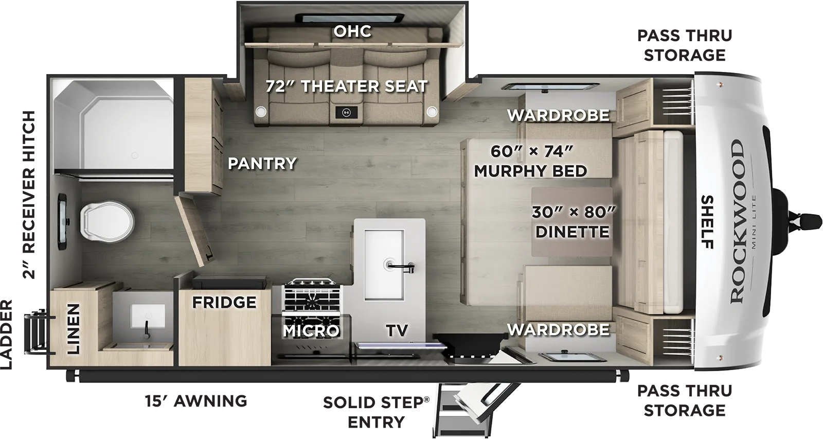 The Rockwood Mini Lite 2108RB floorplan has one entry and one slide out. Exterior features include: fiberglass exterior and 15' awning. Interiors features include: murphy bed and rear bathroom.